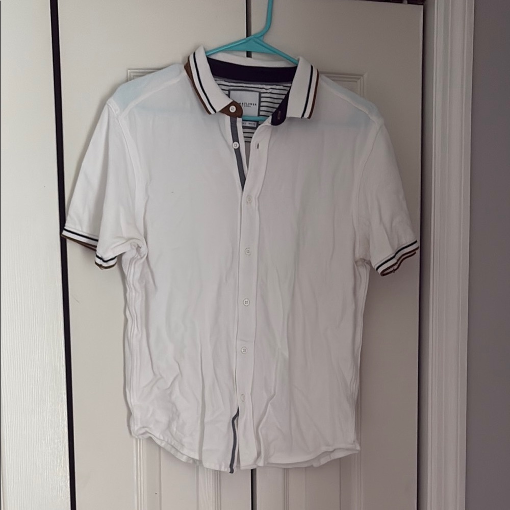Denim & Flower White Casual Button Down Shirt with Sporty Trim